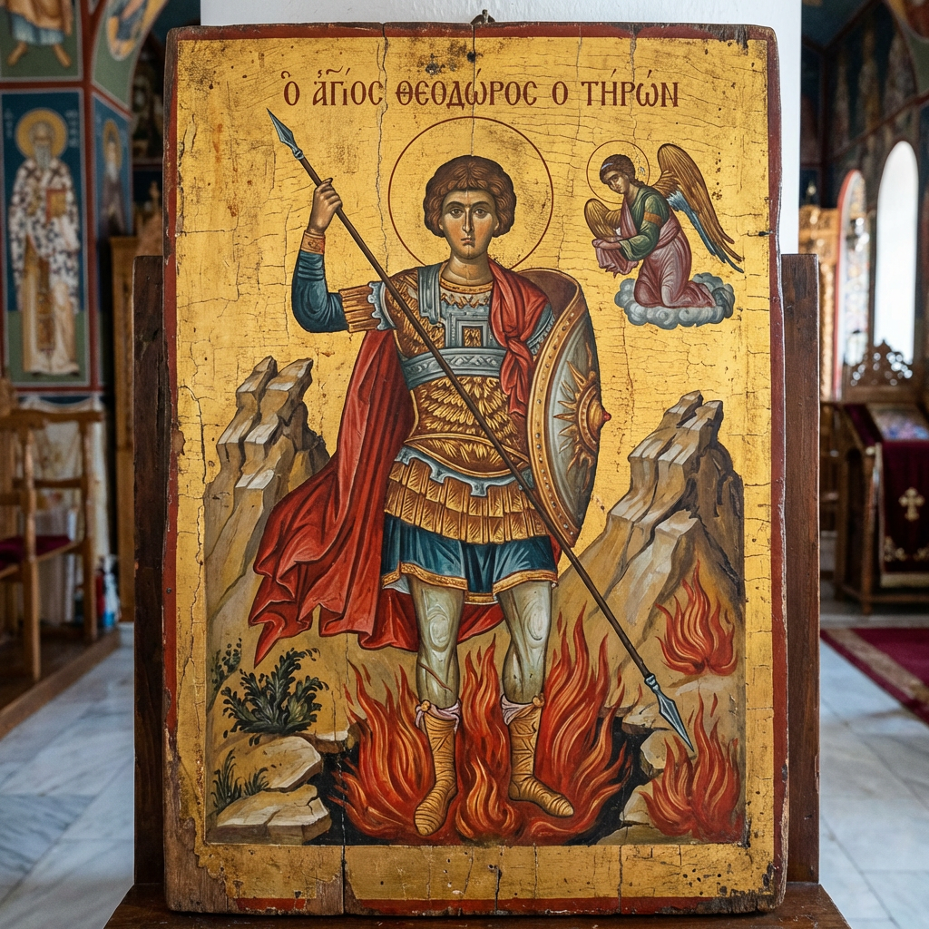 Icon of Saint Theodore the Tyro with Greek text Ο ΑΓΙΟΣ ΘΕΟΔΩΡΟΣ Ο ΤΗΡΩΝ.
