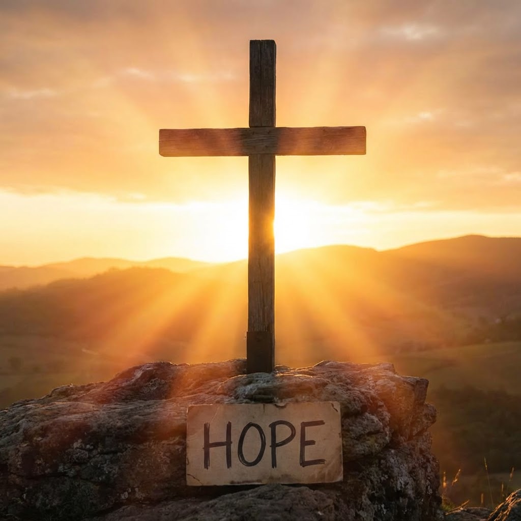 Wooden cross on a rock featuring a sign with the word HOPE during sunset.