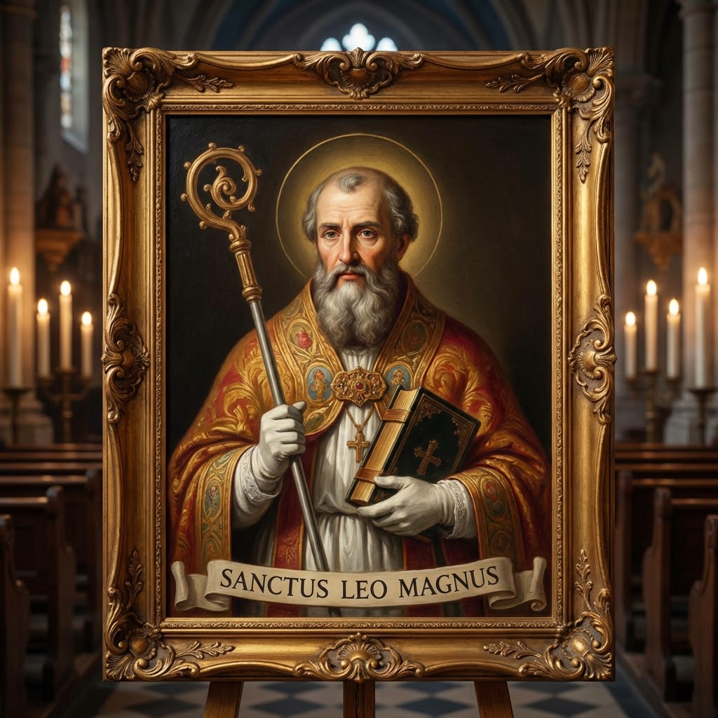 Framed painting of Saint Leo the Great with crosier and book, labeled SANCTUS LEO MAGNUS.