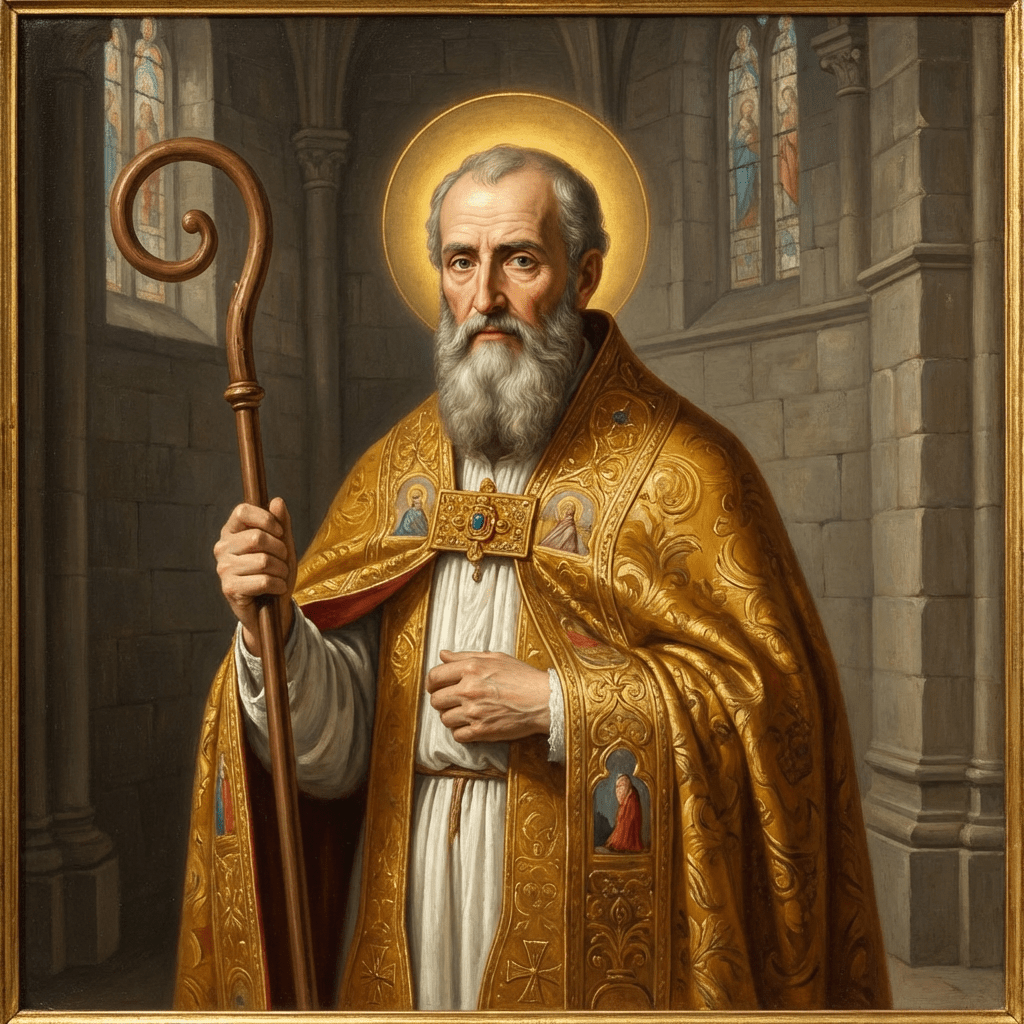 Oil painting of a bearded bishop in gold vestments holding a wooden crosier.