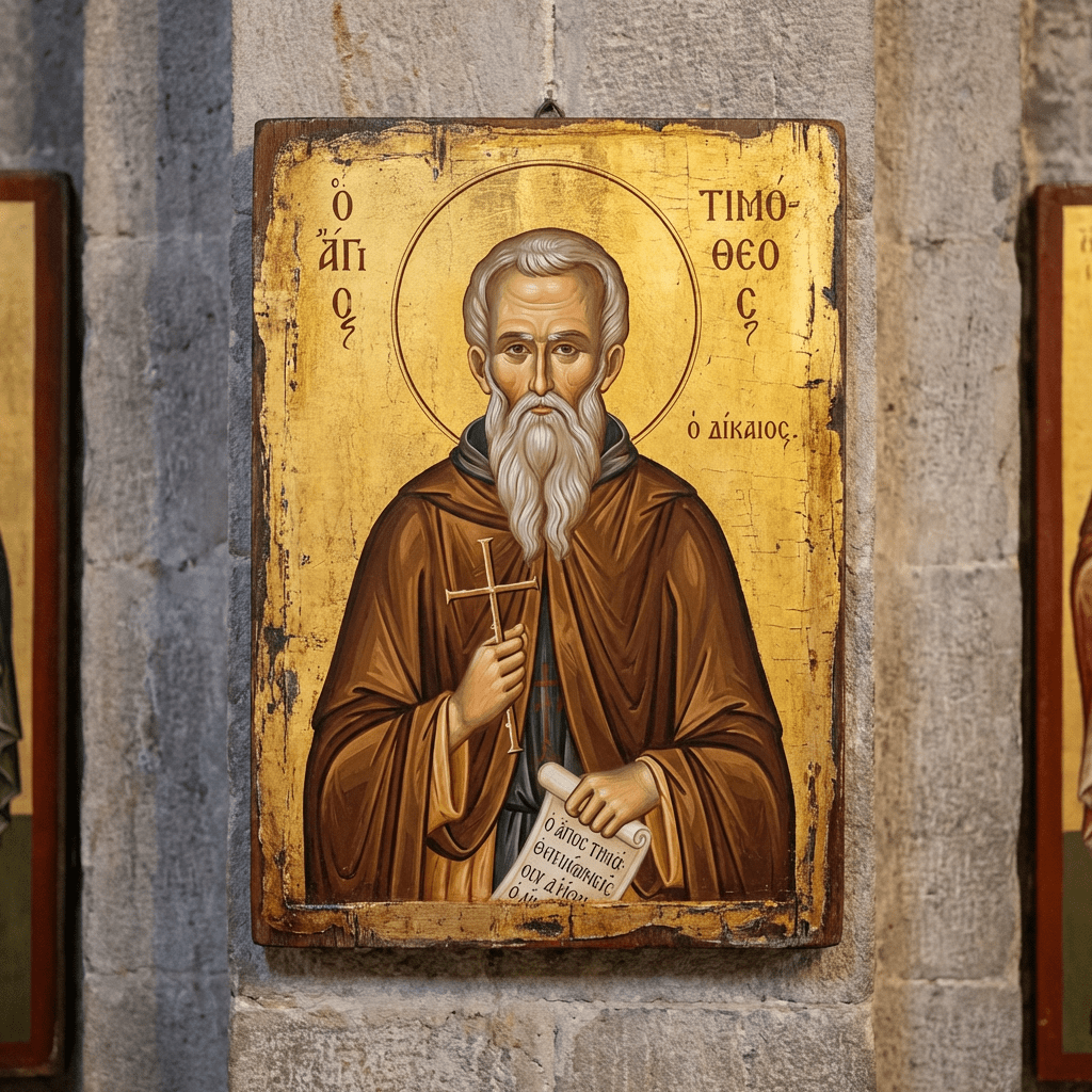 Icon of Saint Timothy the Just with Greek text Ὁ ἍΓΙΟC ΤΙΜΌΘΕΟC ὁ δίκαιοC.