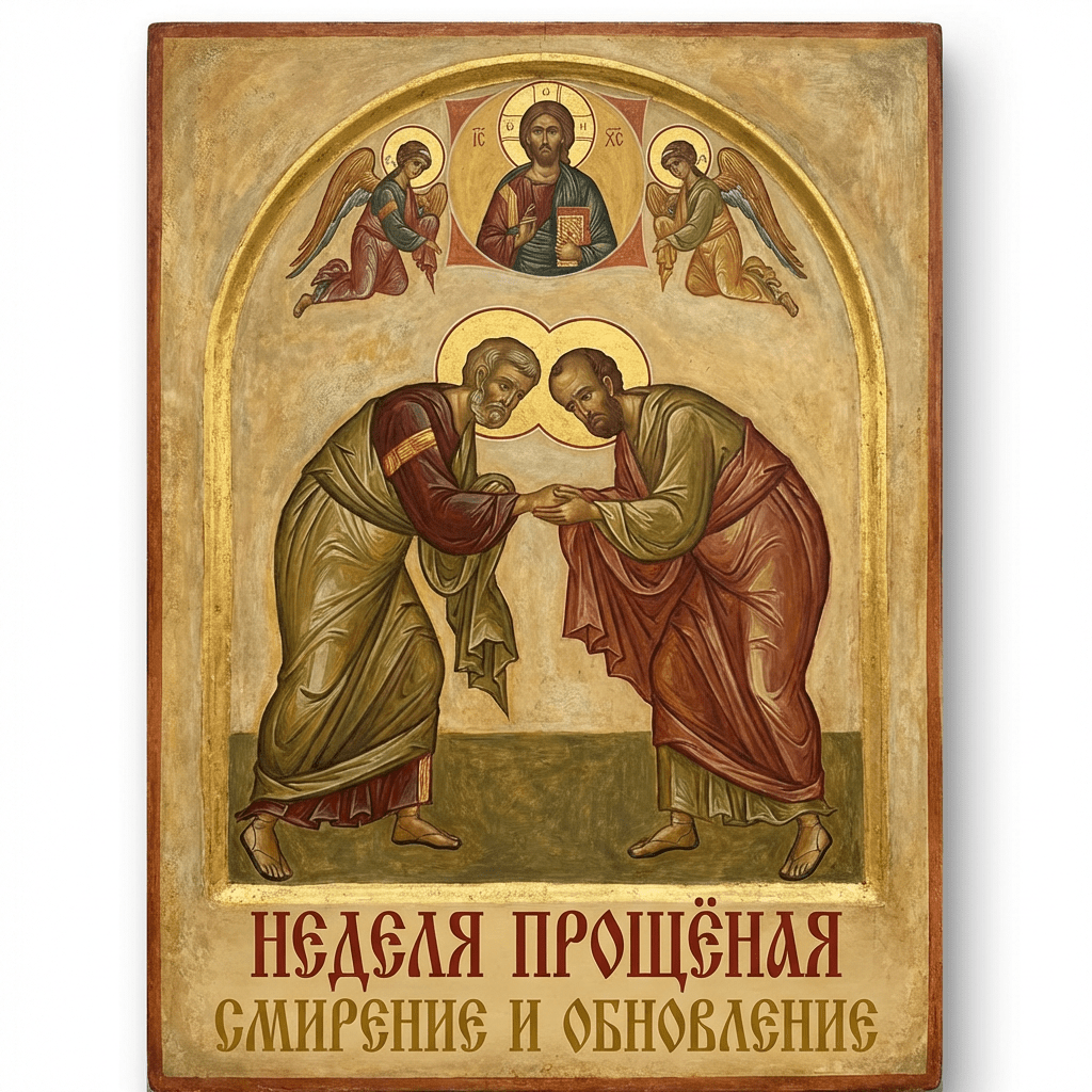 Icon of men embracing with text: НЕДЕЛЯ ПРОЩЁНАЯ СМИРЕНИЕ И ОБНОВЛЕНИЕ.