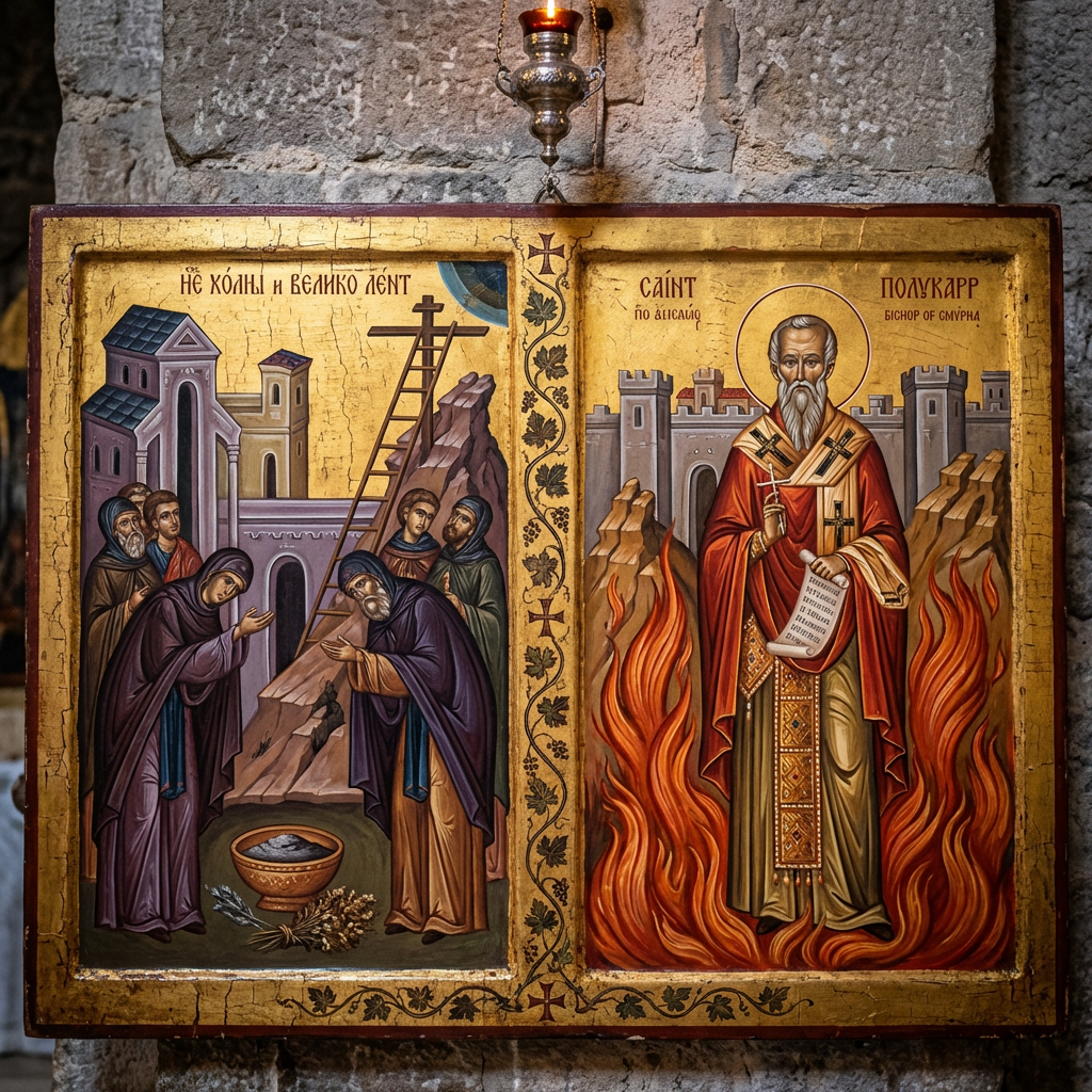 Diptych icon with text НѢ ХОЛНЫ И ВЕЛИКО ЛЕНТ and SAINT POLYCARP BISHOP OF SMYRNA.