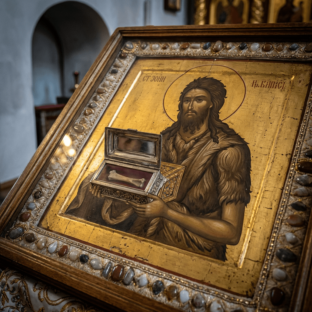 Orthodox icon of Saint John the Baptist with text СТ. IОНН Н. БАПIСI and a relic box.