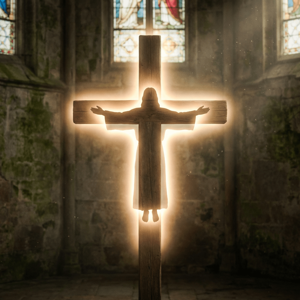 A glowing silhouette of Jesus with outstretched arms on a wooden cross in a stone cathedral.