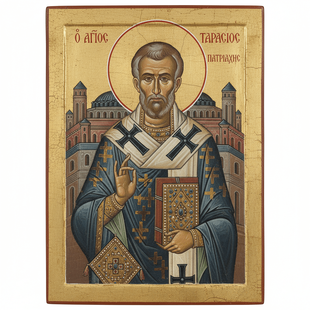 Saint Tarasios Patriarch holding a Gospel book. Text: Ο ΑΓΙΟΣ ΤΑΡΑΣΙΟΣ ΠΑΤΡΙΑΡΧΗΣ.