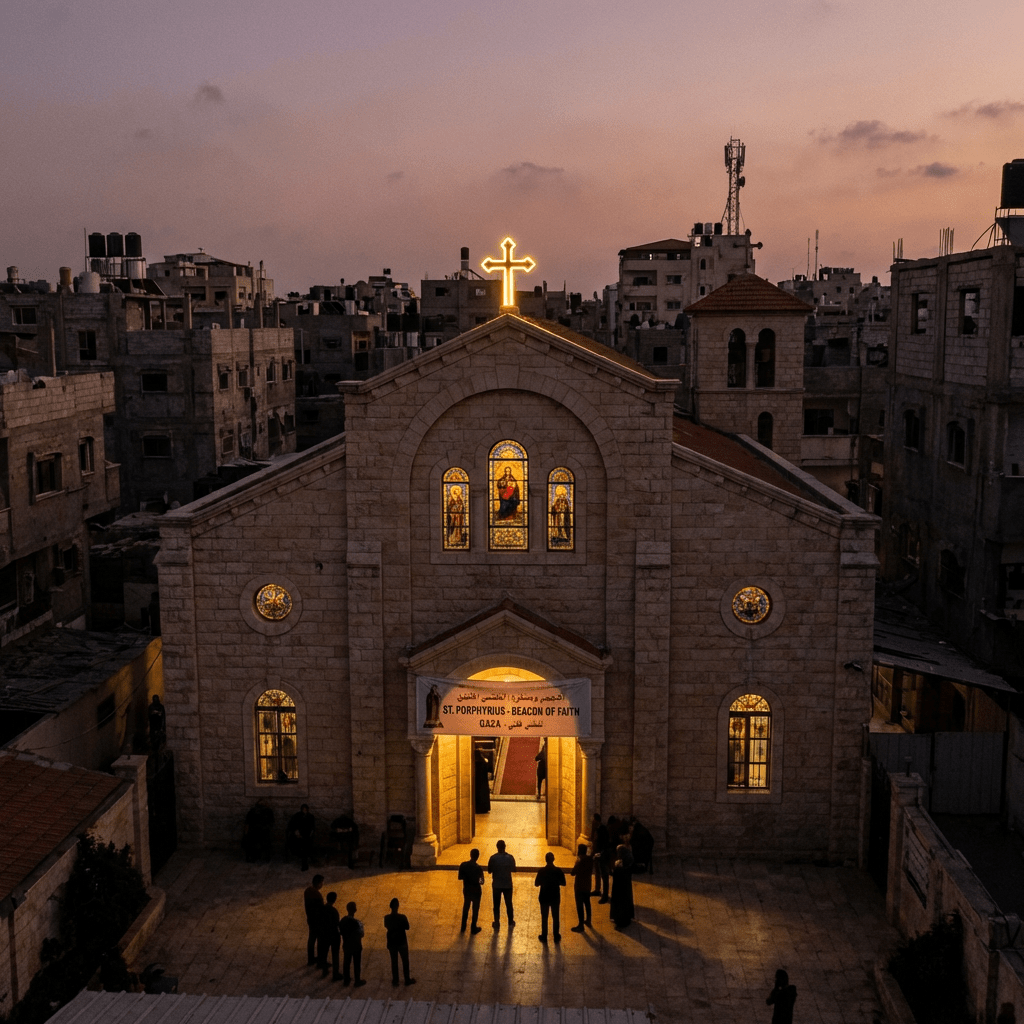 Stone church with glowing cross and banner reading ST. PORPHYRIUS - BEACON OF FAITH - GAZA.