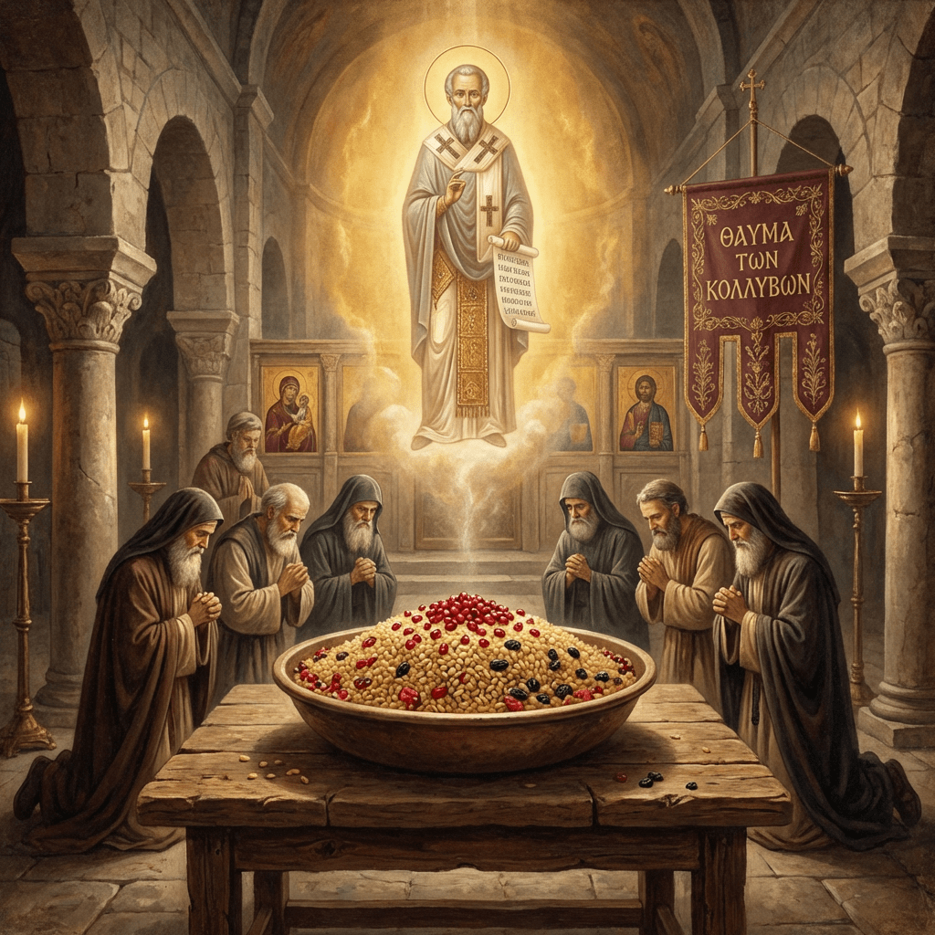 Monks praying around koliva as Saint Theodore appears. Banner text: ΘΑΥΜΑ ΤΩΝ ΚΟΛΛΥΒΩΝ.