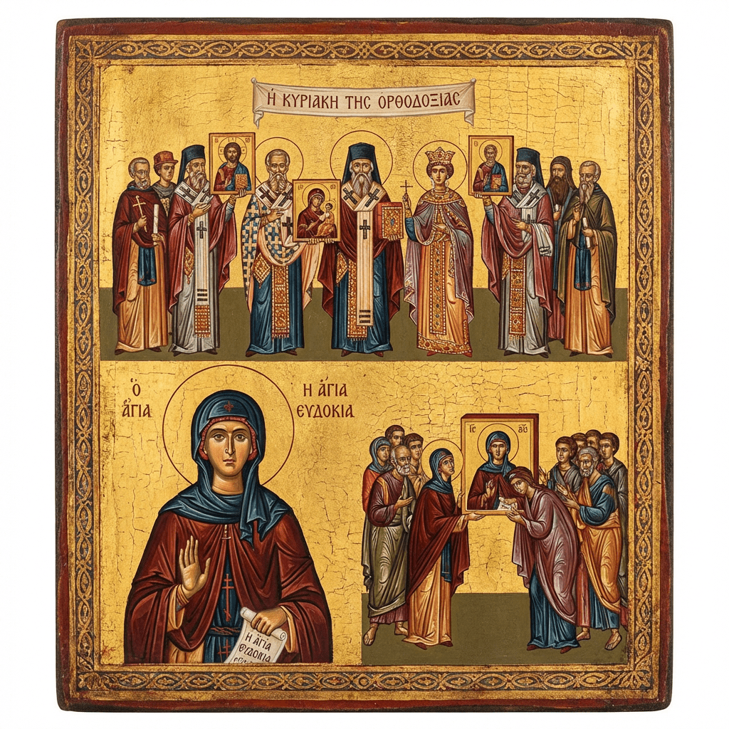 Byzantine icon with Greek text 'Η ΚΥΡΙΑΚΗ ΤΗΣ ΟΡΘΟΔΟΞΙΑΣ' and 'Η ΑΓΙΑ ΕΥΔΟΚΙΑ' depicting religious scenes.