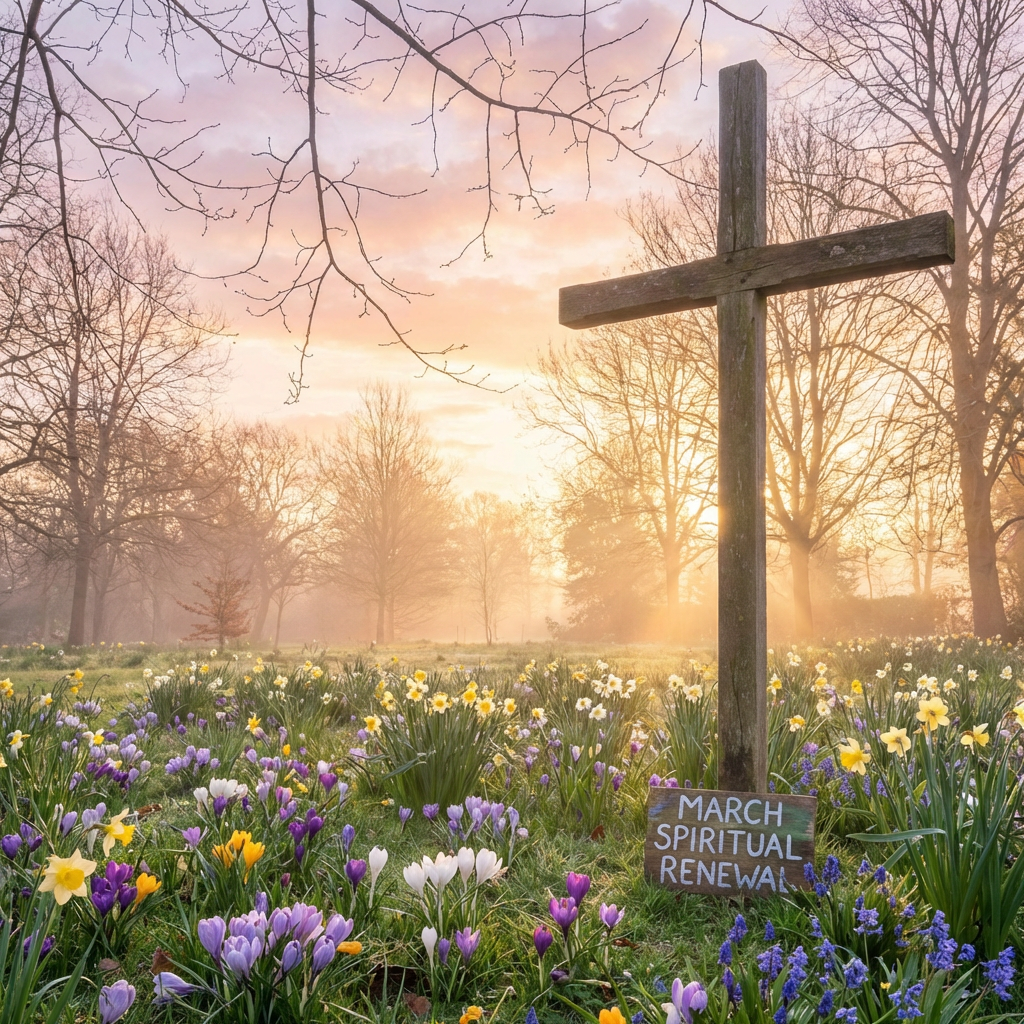 Wooden cross in a flower field with a sign reading MARCH SPIRITUAL RENEWAL.