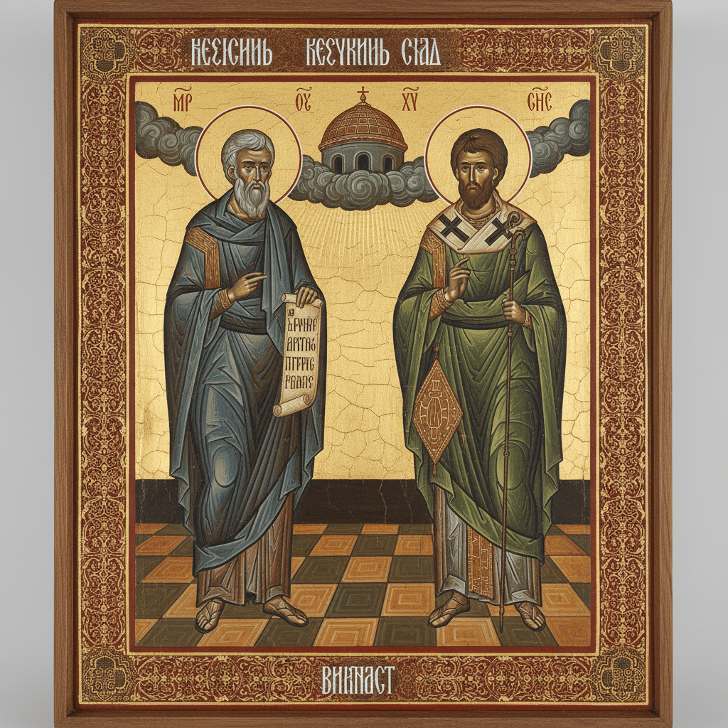 Orthodox icon depicting two saints with Cyrillic text reading 'Heavenly Jerusalem City' and 'Viknast'.