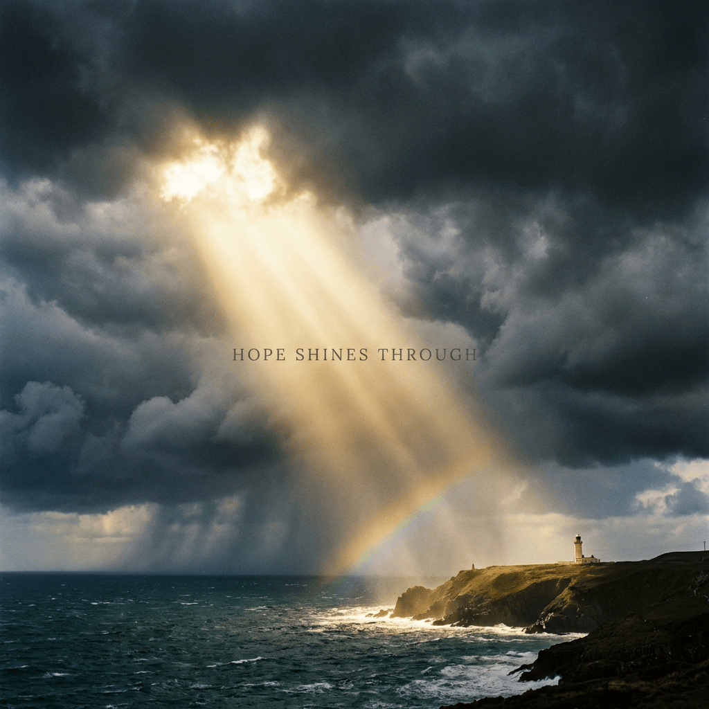 Sunlight pierces storm clouds over a lighthouse and rainbow with text HOPE SHINES THROUGH.