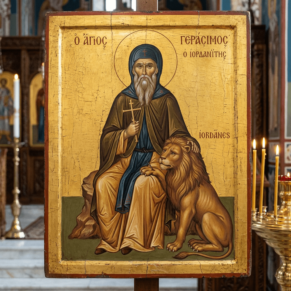 Icon of Saint Gerasimos with text Ο ΑΓΙΟΣ ΓΕΡΑΣΙΜΟΣ Ο ΙΟΡΔΑΝΙΤΗΣ and IORDANES.