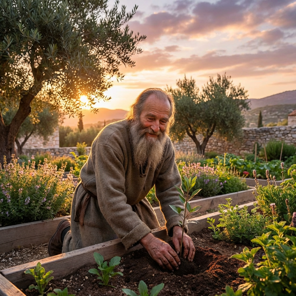 Elderly bearded man planting a small sapling in a raised garden bed at sunset.