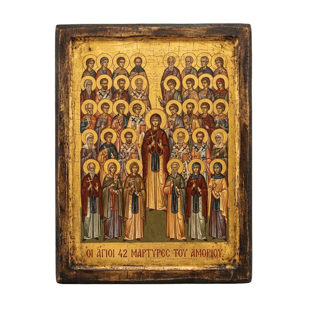 Religious icon of 42 saints with halos and the Greek text ΟΙ ΑΓΙΟΙ 42 ΜΑΡΤΥΡΕΣ ΤΟΥ ΑΜΟΡΙΟΥ.