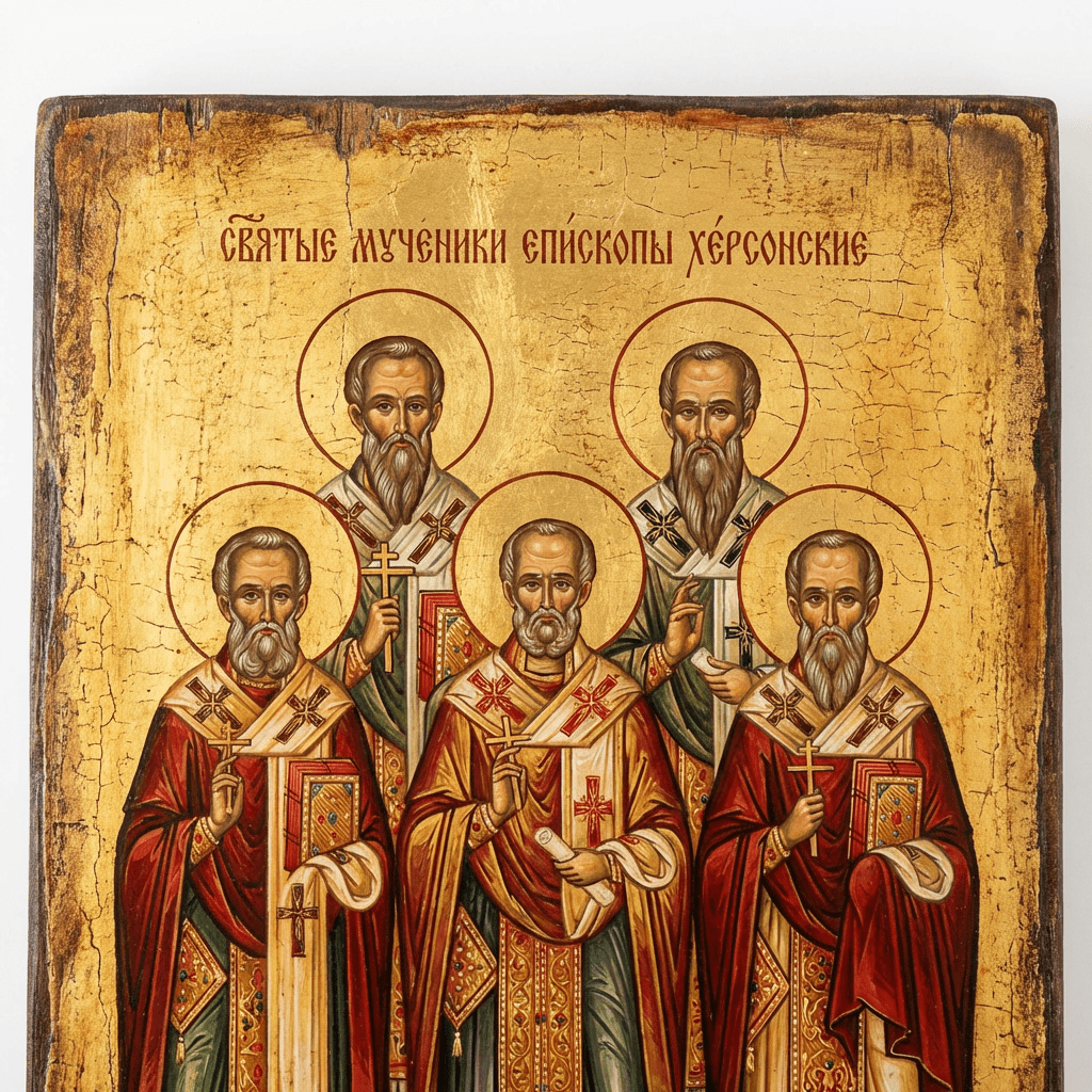 Orthodox icon of five bishops with text reading СВЯТЫЕ МУЧЕНИКИ ЕПИСКОПЫ ХЕРСОНСКИЕ.