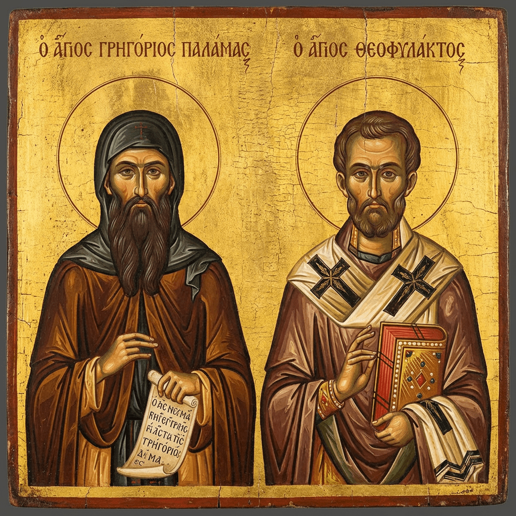 Icon of Saint Gregory Palamas and Saint Theophylact with their names written in Greek above.