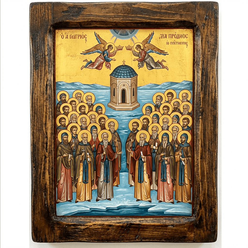 Orthodox icon of Saint Patricius with Greek text Ὁ ἍΓ ΠΑΤΡΙΟC and ΚΑΙ ΠΟΛΥΑΙΝΟC.