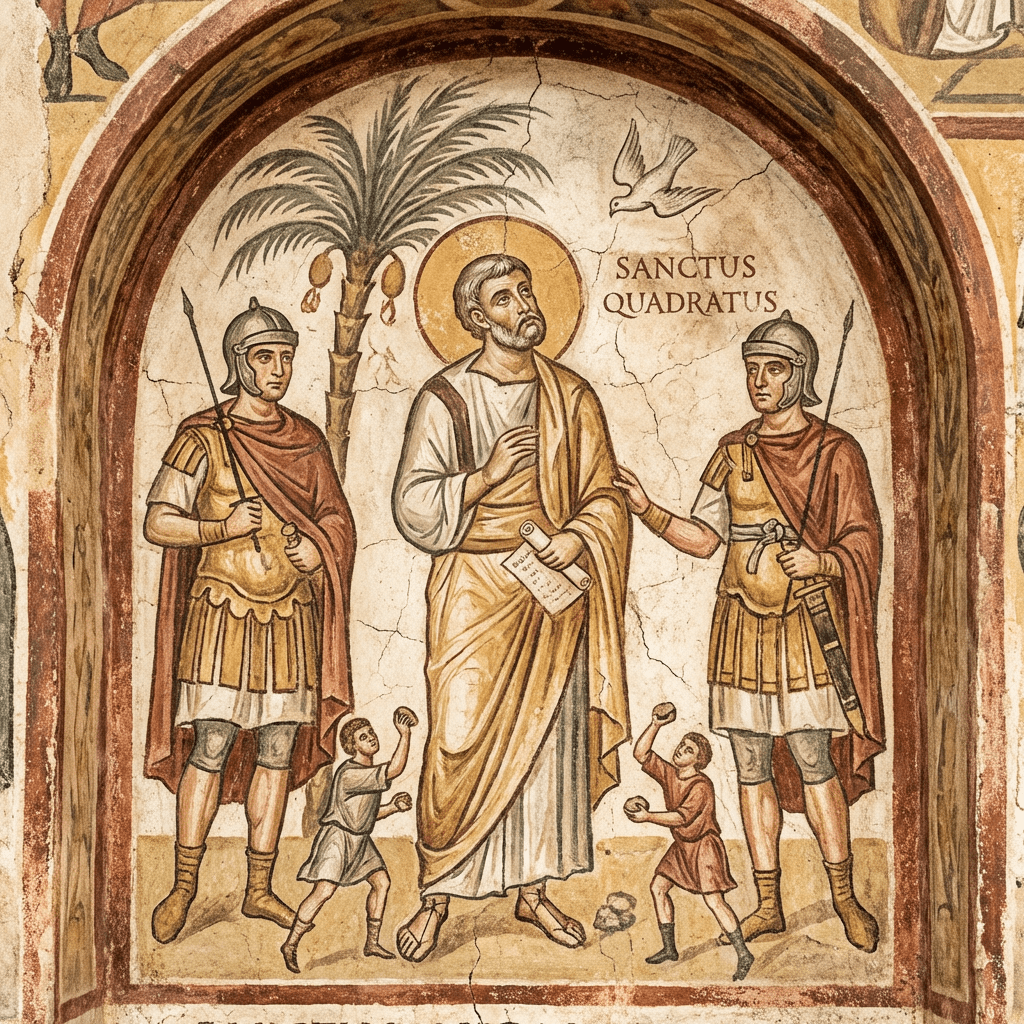 Mural of Sanctus Quadratus between two Roman soldiers, with a palm tree and a dove.