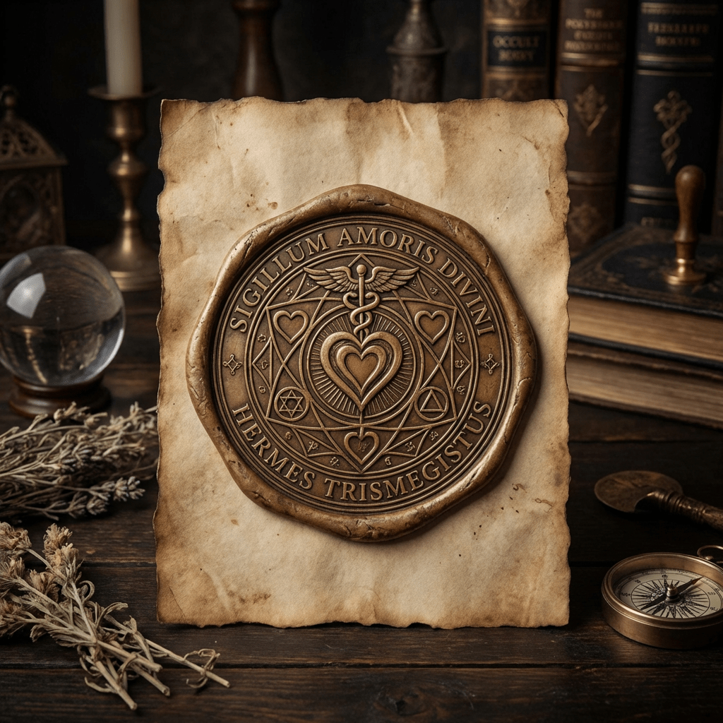 Intricate wax seal with text 'SIGILLUM AMORIS DIVINI HERMES TRISMEGISTUS' on parchment amidst occult objects.