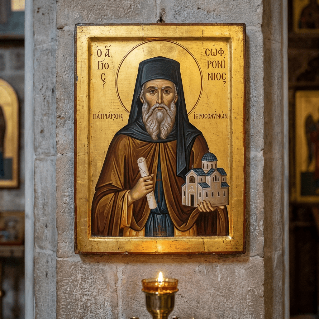 Icon of Ο ΑΓΙΟC CΩΦΡΟΝΙΟC ΠΑΤΡΙΑΡΧΗC ΙΕΡΟCΟΛΥΜΩΝ holding a scroll and church model.