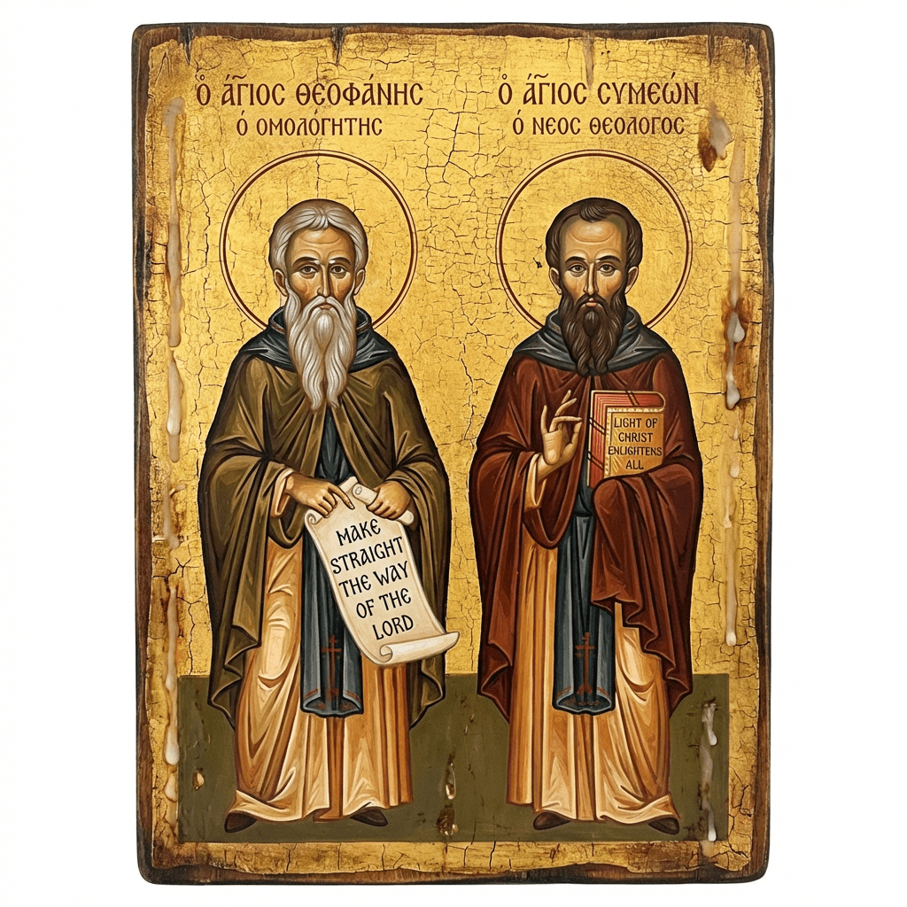 Byzantine icon of Saints Theophanes and Symeon holding a scroll and book with religious text.