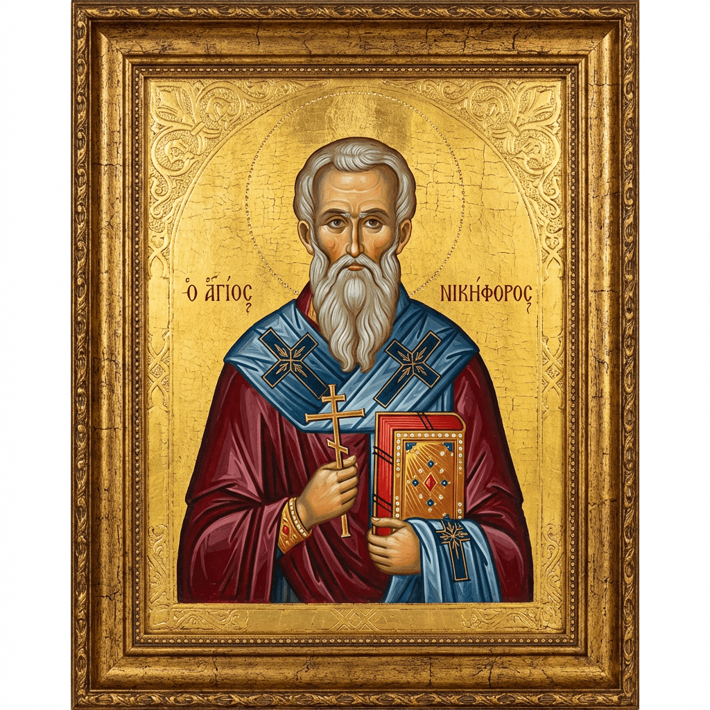 Orthodox icon of Saint Nikephoros with Greek text ὁ ἅγιος ΝΙΚΗΦΟΡΟΣ in a gold frame.