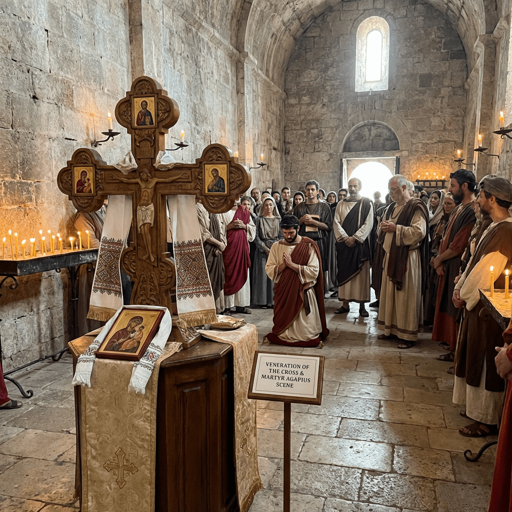 Reenactment of 'Veneration of the Cross & Martyr Agapius Scene' inside an ancient stone church.