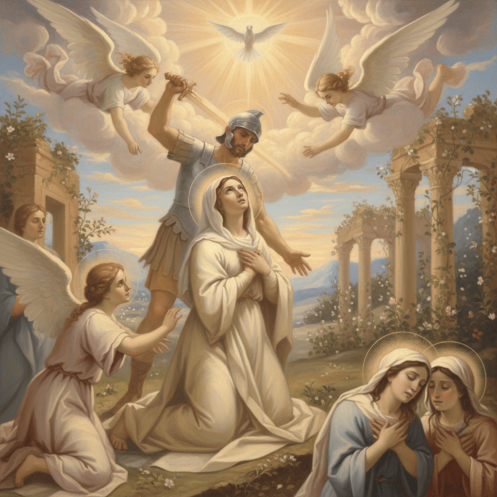 A Roman soldier prepares to execute a kneeling saint surrounded by angels and divine light.