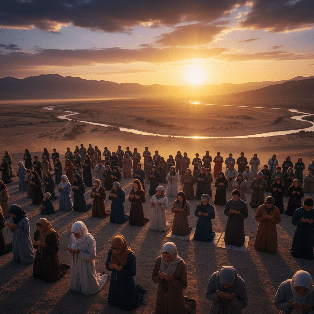 A large group of people kneeling in prayer in a desert landscape during sunrise.