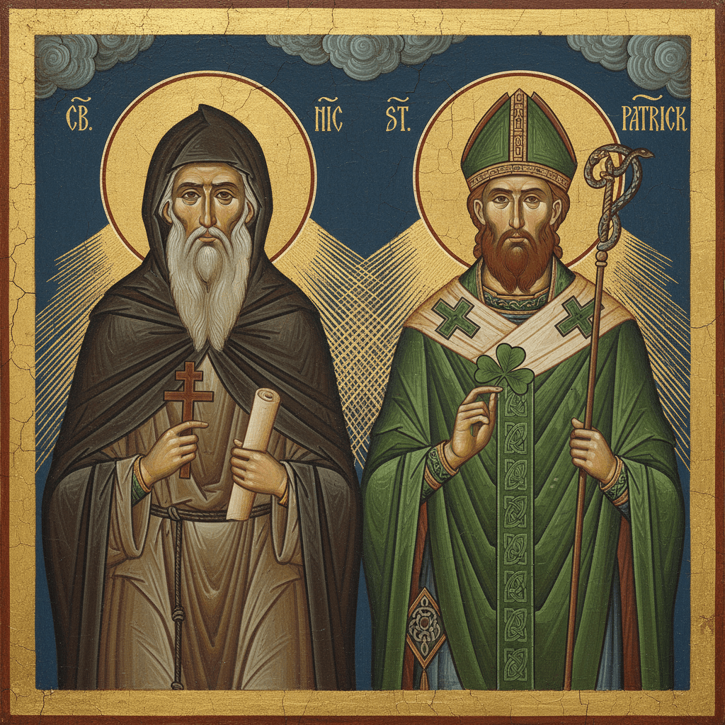 Religious icon of Saint Nicholas and Saint Patrick labeled CB. NIC and ST. PATRICK.
