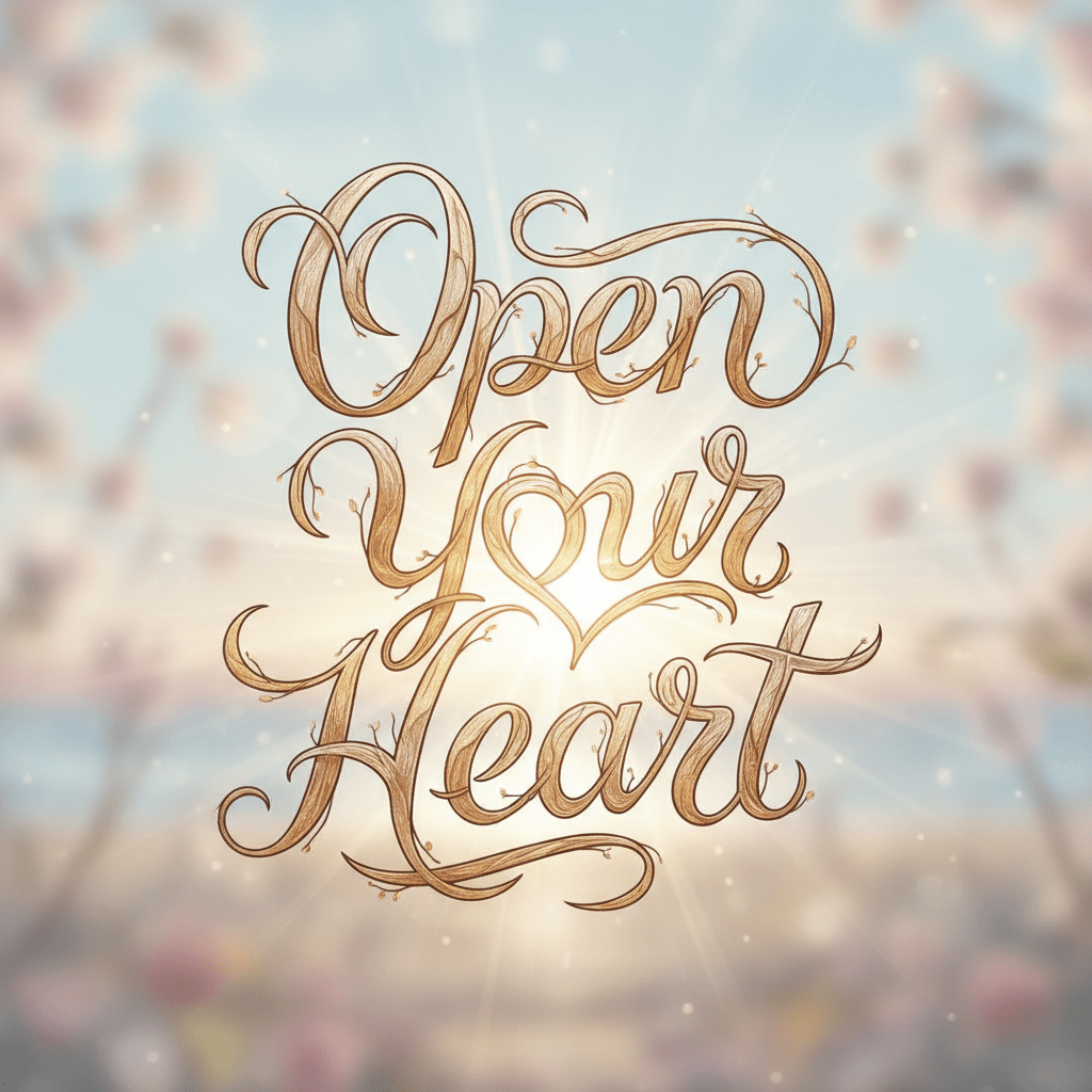 Ornate wooden-textured calligraphy reading 'Open Your Heart' set against a glowing sunrise background.