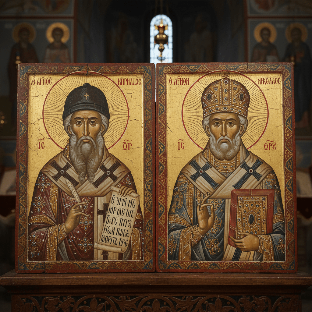 Two religious icons depicting Saint Cyril holding a scroll and Saint Nicholas holding a book.
