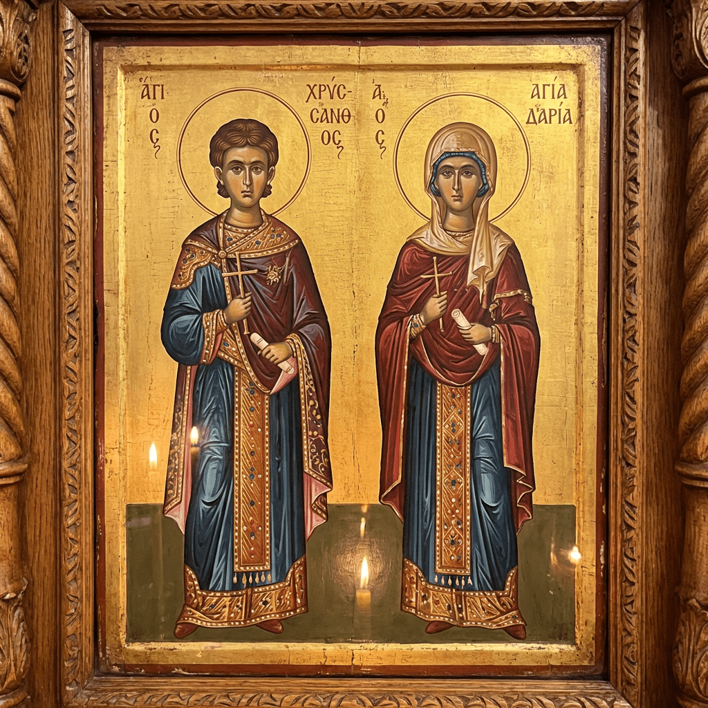 Byzantine icon of ΆΓΙΟΣ ΧΡΥΣΑΝΘΟΣ (Saint Chrysanthos) and ΑΓΙΑ ΔΑΡΙΑ (Saint Daria) holding crosses.