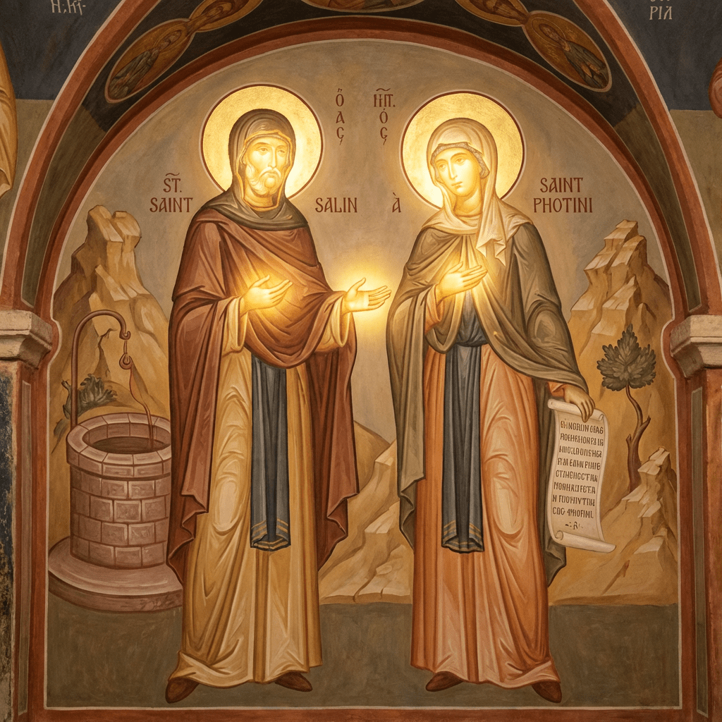 Byzantine fresco of ST. SAINT SALIN and SAINT PHOTINI standing beside a stone well.