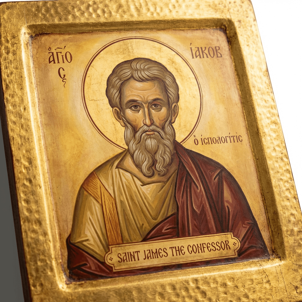 Saint James the Confessor icon with ΆΓΙΟC ΙΑΚΩΒ ό ὁμολογητής and SAINT JAMES THE CONFESSOR.