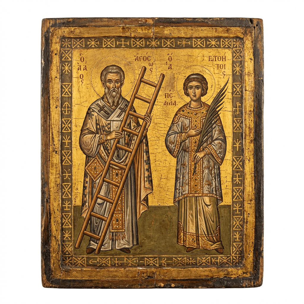 Byzantine icon depicting two saints with Greek inscriptions on a gold leaf background.