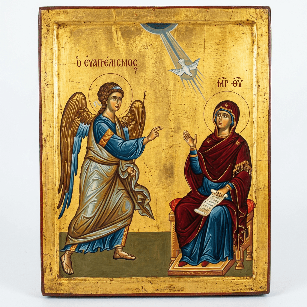 Religious icon of the Annunciation showing Archangel Gabriel, Virgin Mary, and the Holy Spirit.
