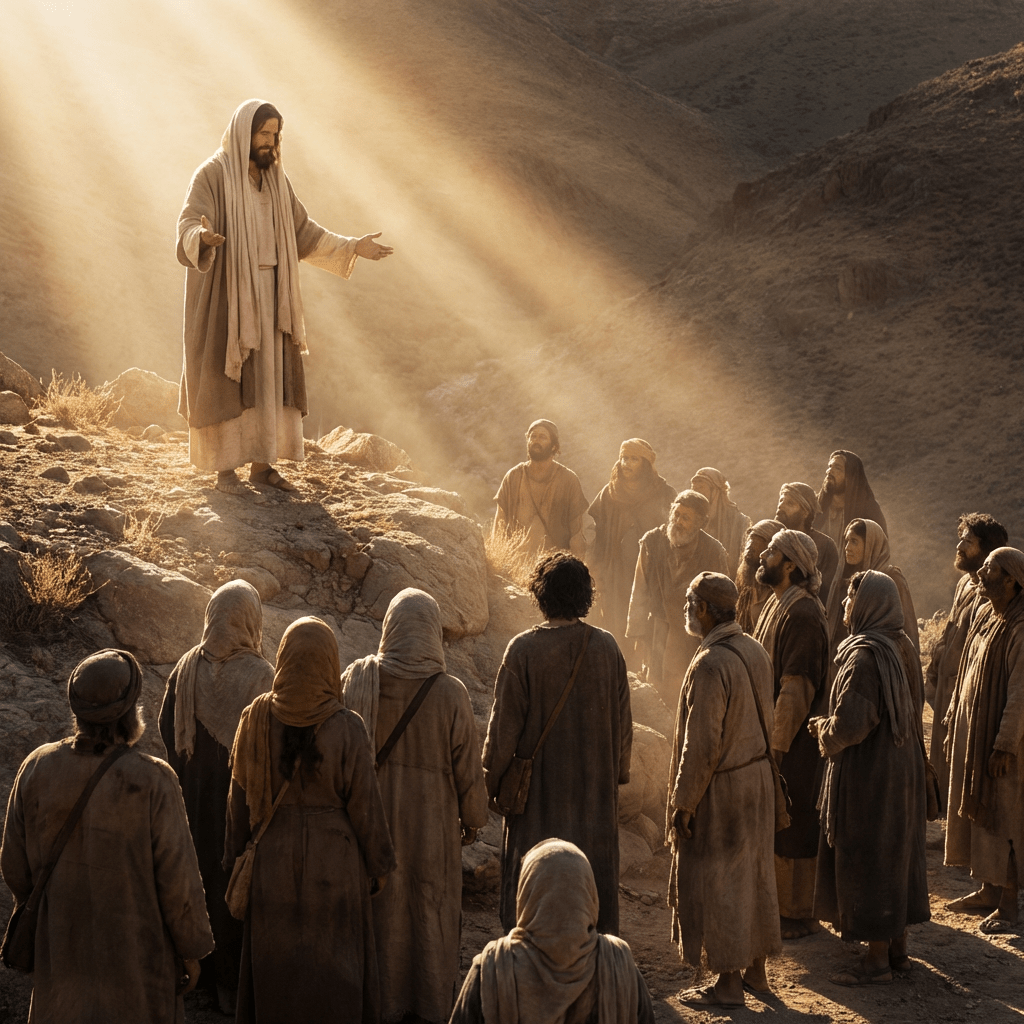 Jesus preaching to a crowd in a rocky desert landscape under divine sunbeams.