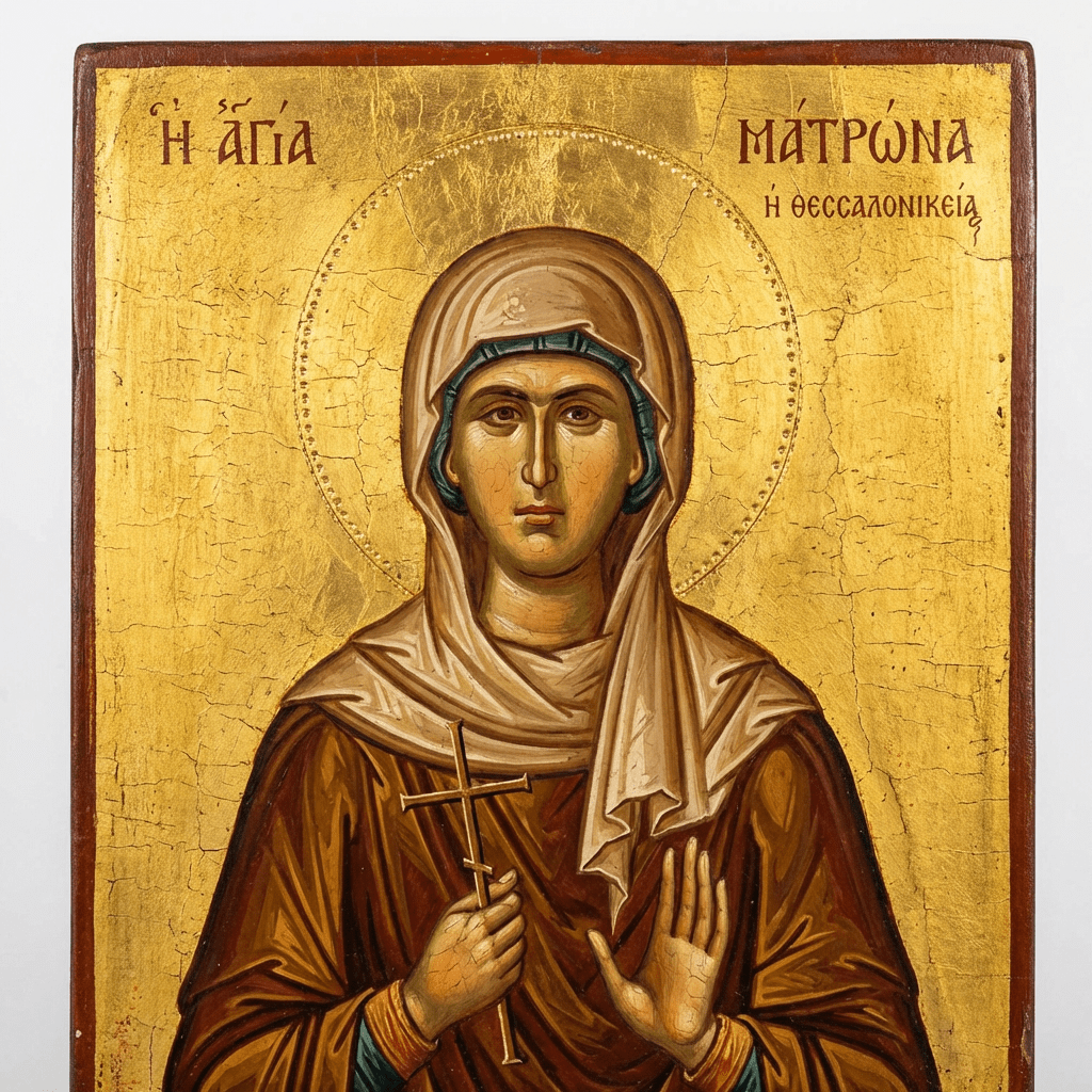 Η ΑΓΙΑ ΜΑΤΡΩΝΑ η θεσσαλονικεία holding a martyr's cross.