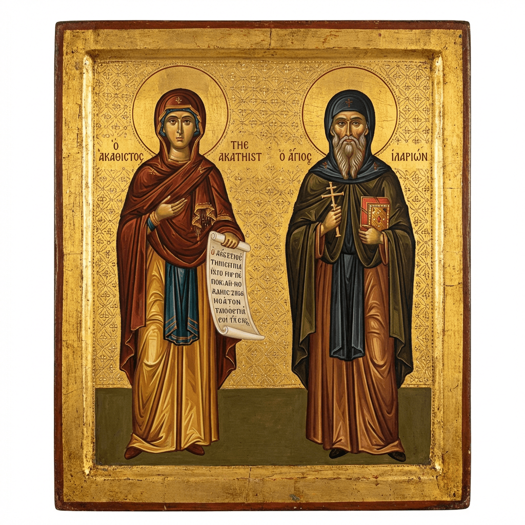 Icon of The Akathist and Saint Hilarion. Text: Ο ΑΚΑΘΙΣΤΟΣ THE AKATHIST Ο ΑΓΙΟΣ ΙΛΑΡΙΩΝ.