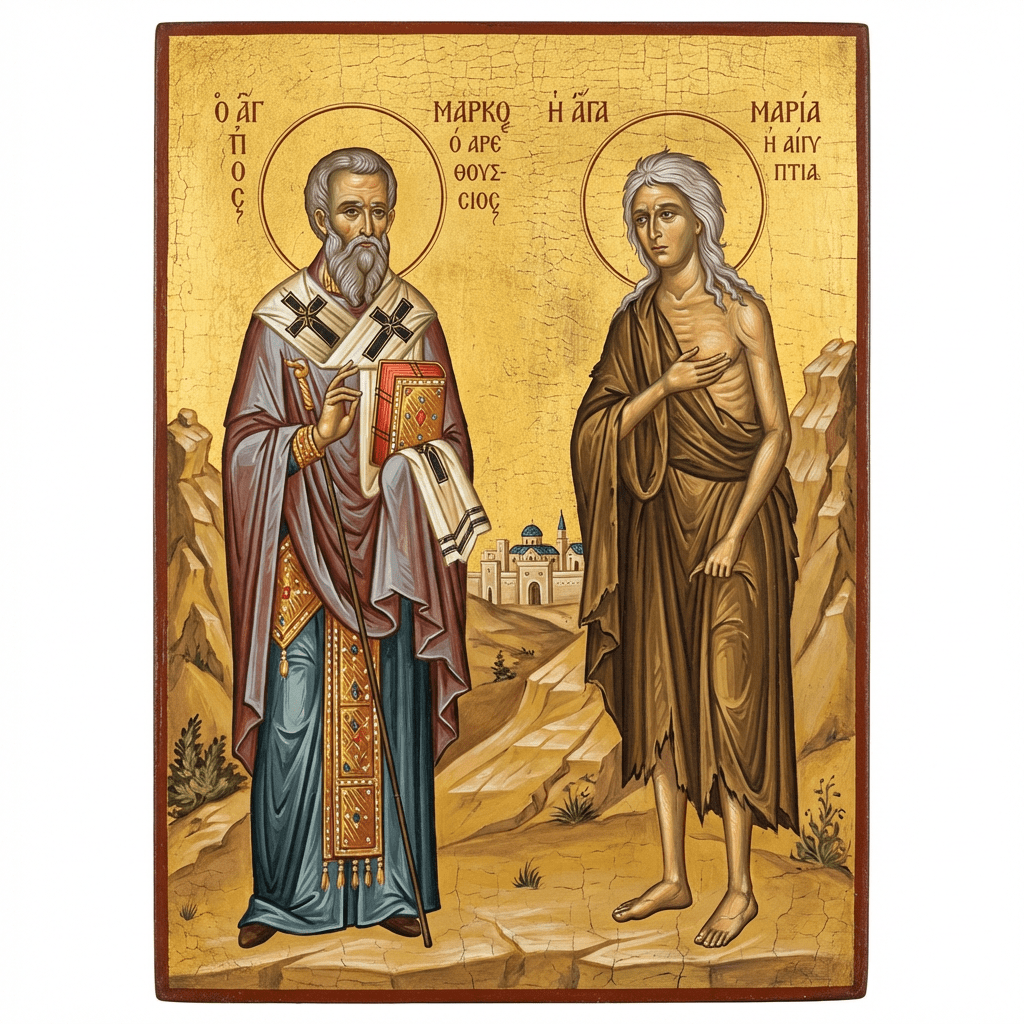 Byzantine icon of Saint Mark of Arethusa and Saint Mary of Egypt with Greek inscriptions.
