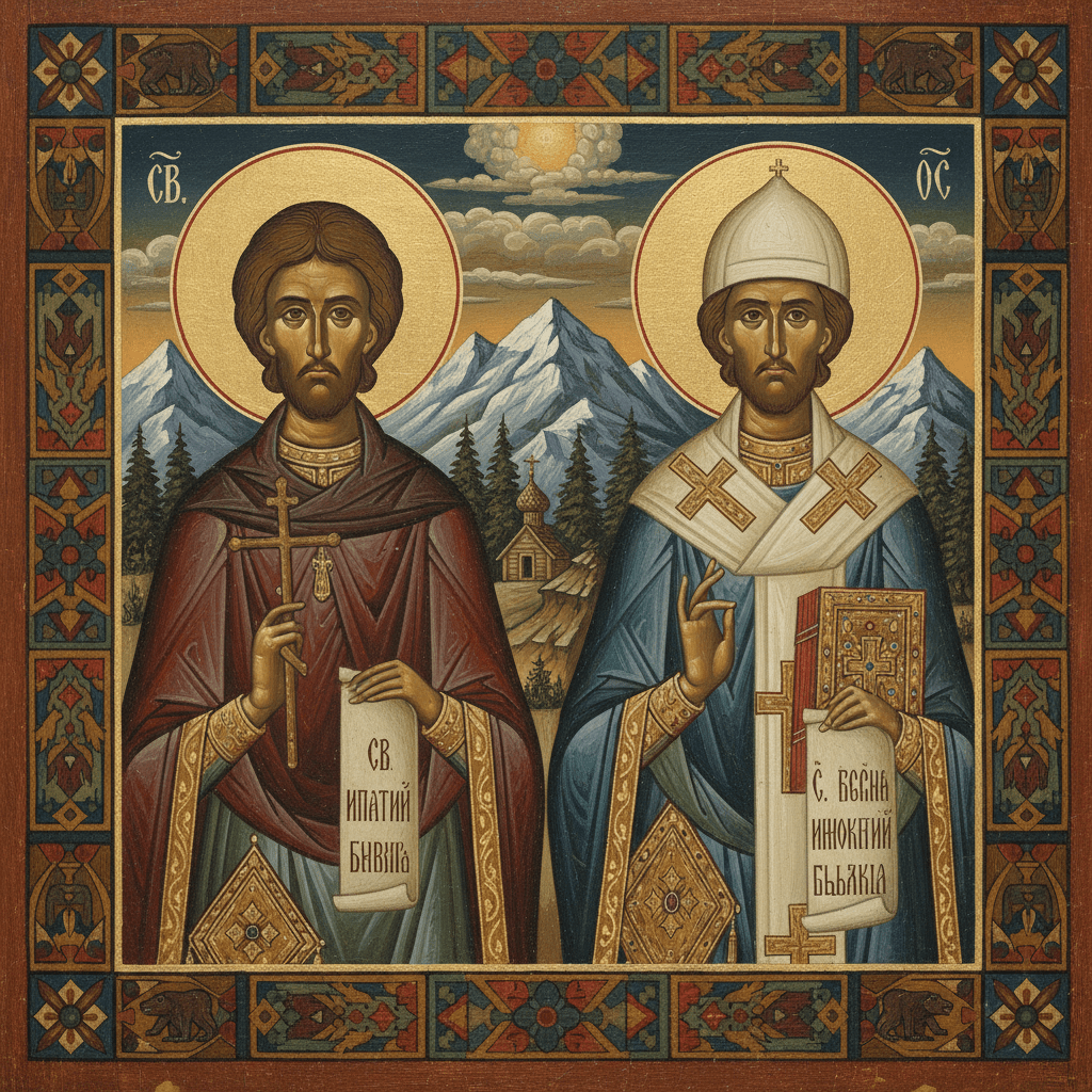 Religious icon of two saints with halos, Cyrillic text, snowy mountains, and a church.