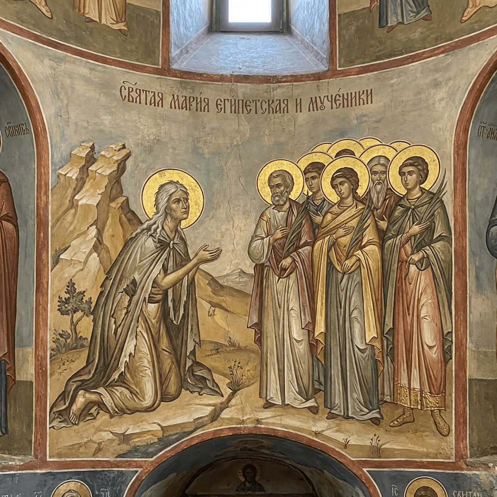 Mural of Saint Mary of Egypt with text СВЯТАЯ МАРИЯ ЕГИПЕТСКАЯ И МУЧЕНИКИ.