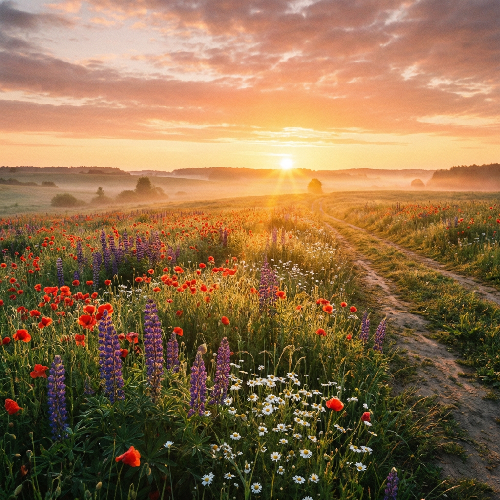 Vibrant wildflowers line a dirt path under a golden sunrise in a misty valley.