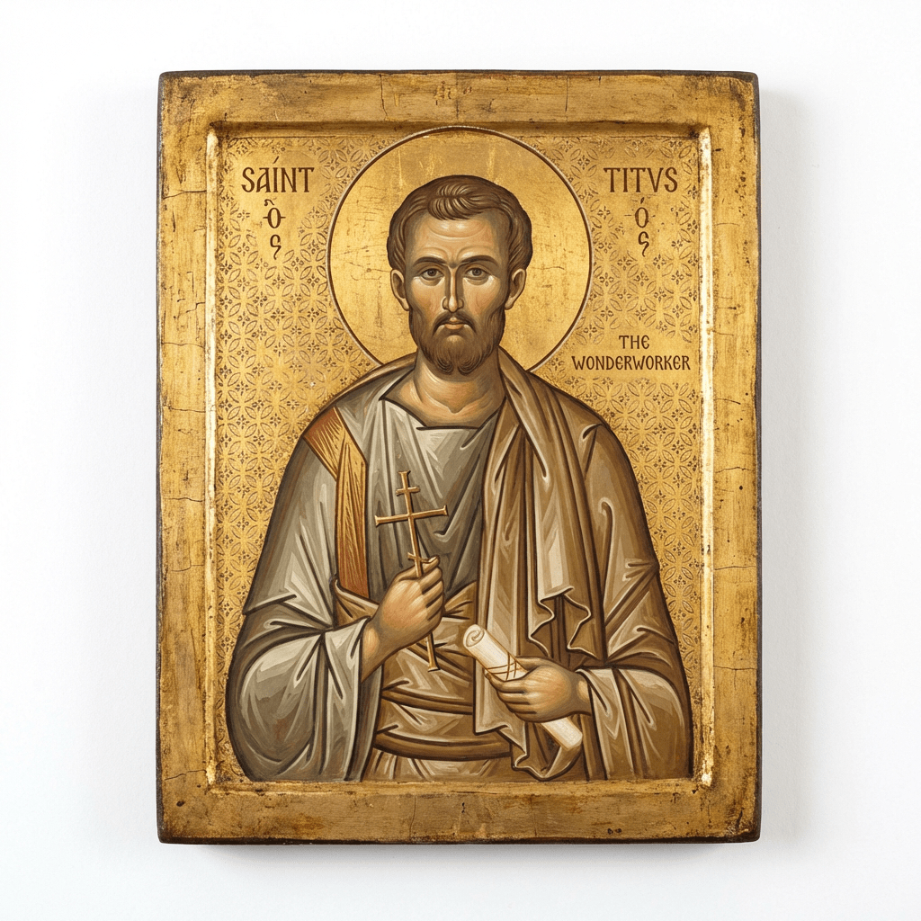 Byzantine icon of SAINT TITVS THE WONDERWORKER holding a cross and scroll against gold background.