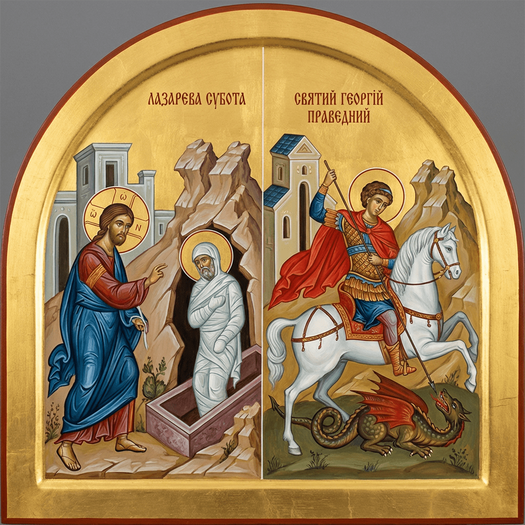 Orthodox icon of Jesus raising Lazarus and Saint George slaying a dragon. Text: ЛАЗАРЕВА СУБОТА, СВЯТИЙ ГЕОРГІЙ ПРАВЕДНИЙ.