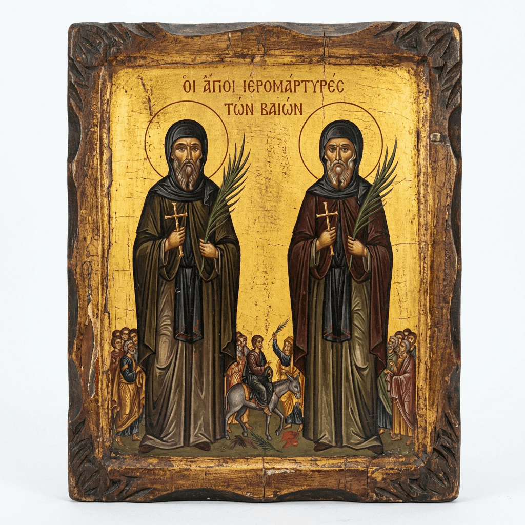 Byzantine icon featuring two saints holding crosses and palm branches, with text ΟΙ ΑΓΙΟΙ ΙΕΡΟΜΑΡΤΥΡΕΣ ΤΩΝ ΒΑΙΩΝ.