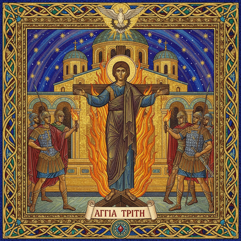 Saint Theodora surrounded by fire on a cross, guarded by Roman soldiers holding torches