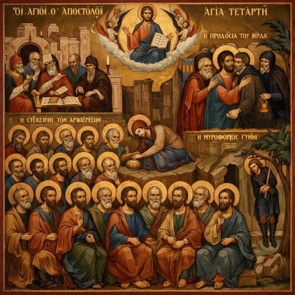 Orthodox icon showing Jesus Christ, apostles with halos, and scenes including Judas' betrayal and the women anointing Jesus